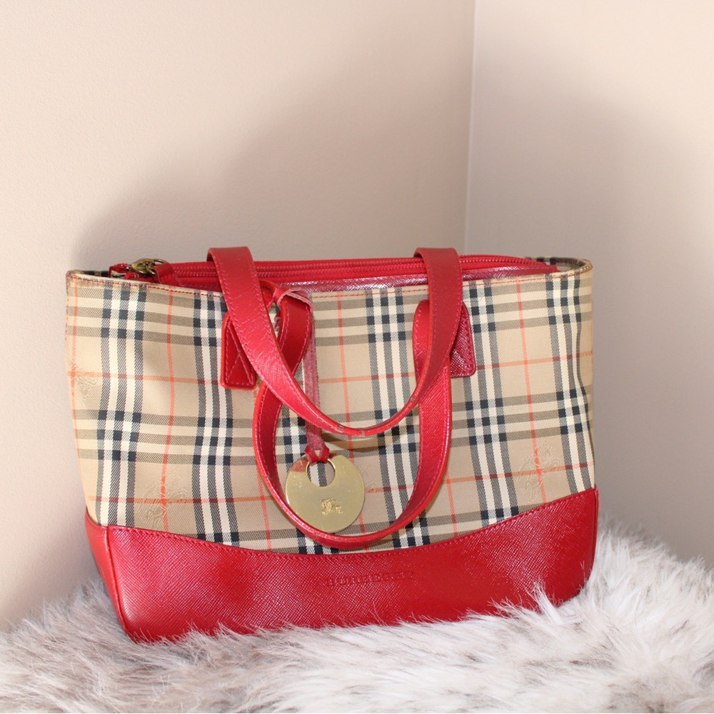 Burberry Red Plaid Tote Handbag
